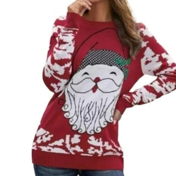 Womens Size M Red Pullover Christmas Ugly Sweater Santa Snowflakes Print Knit - Picture 2 of 7